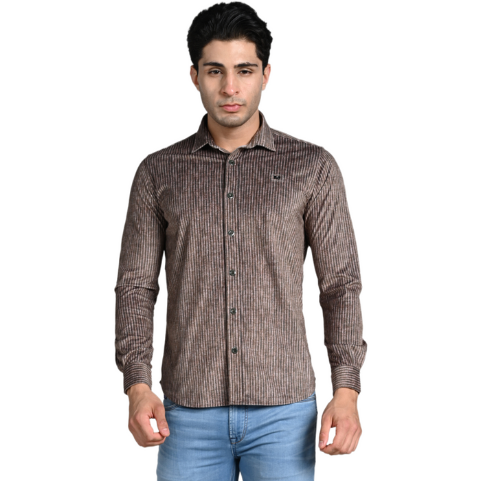 Full Sleeves Slim Fit Brown Grunge Stripe Uncut Corduroy Print Shirt
