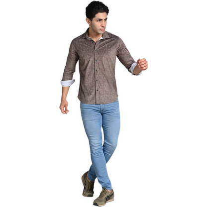 Full Sleeves Slim Fit Brown Grunge Stripe Uncut Corduroy Print Shirt