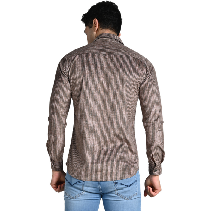 Full Sleeves Slim Fit Brown Grunge Stripe Uncut Corduroy Print Shirt