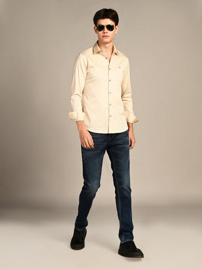 Full sleeves Slim Fit Cream Premium Satin Solid Shirt