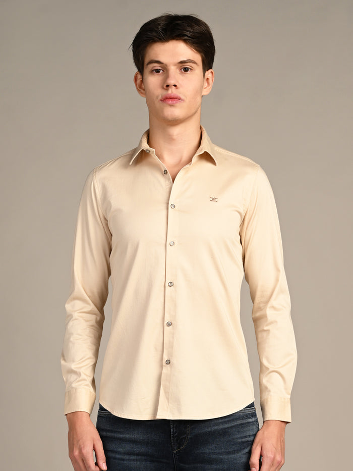 Full sleeves Slim Fit Cream Premium Satin Solid Shirt