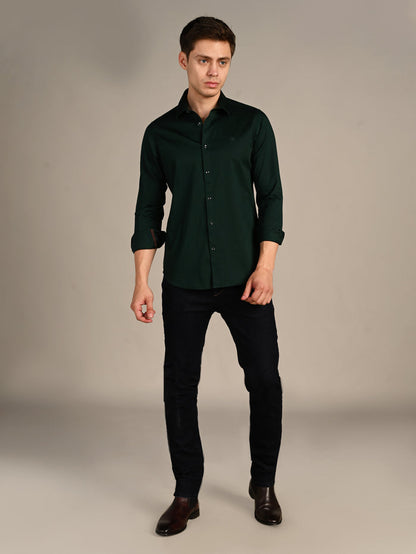 Full sleeves Slim Fit Dark Green Premium Satin Solid Shirt