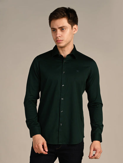 Full sleeves Slim Fit Dark Green Premium Satin Solid Shirt
