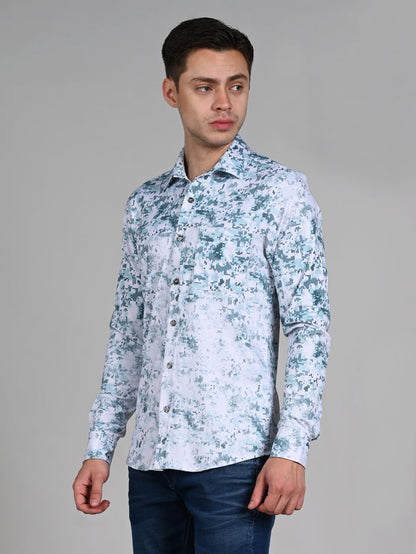 Full Sleeves Slim Fit Green All Over Digital Camou Print Knit Shirt