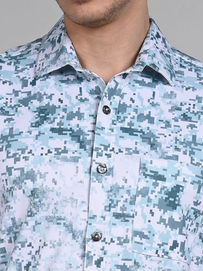 Full Sleeves Slim Fit Green All Over Digital Camou Print Knit Shirt