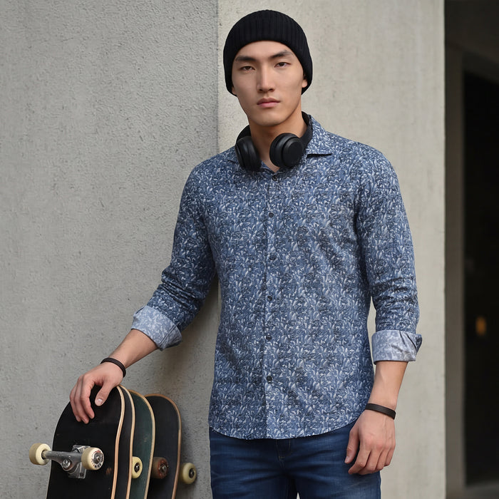 Full Sleeves Slim Fit Grey All Over Abstract Floral Floral Satin Solid Shirt