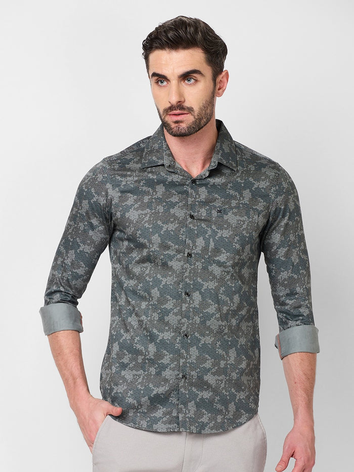 Full sleeves Slim Fit Grey Camau Printed Satin Shirt