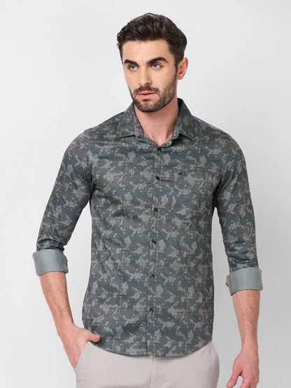 Full sleeves Slim Fit Grey Camau Printed Satin Shirt