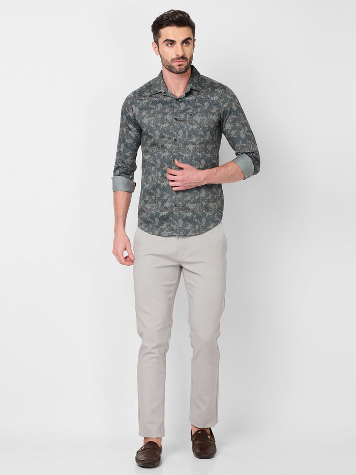 Full sleeves Slim Fit Grey Camau Printed Satin Shirt