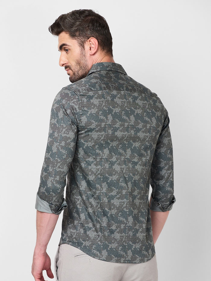 Full sleeves Slim Fit Grey Camau Printed Satin Shirt