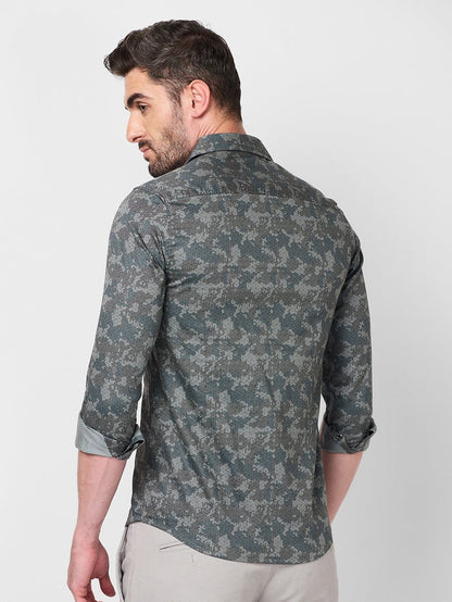 Full sleeves Slim Fit Grey Camau Printed Satin Shirt