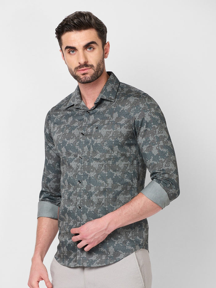Full sleeves Slim Fit Grey Camau Printed Satin Shirt