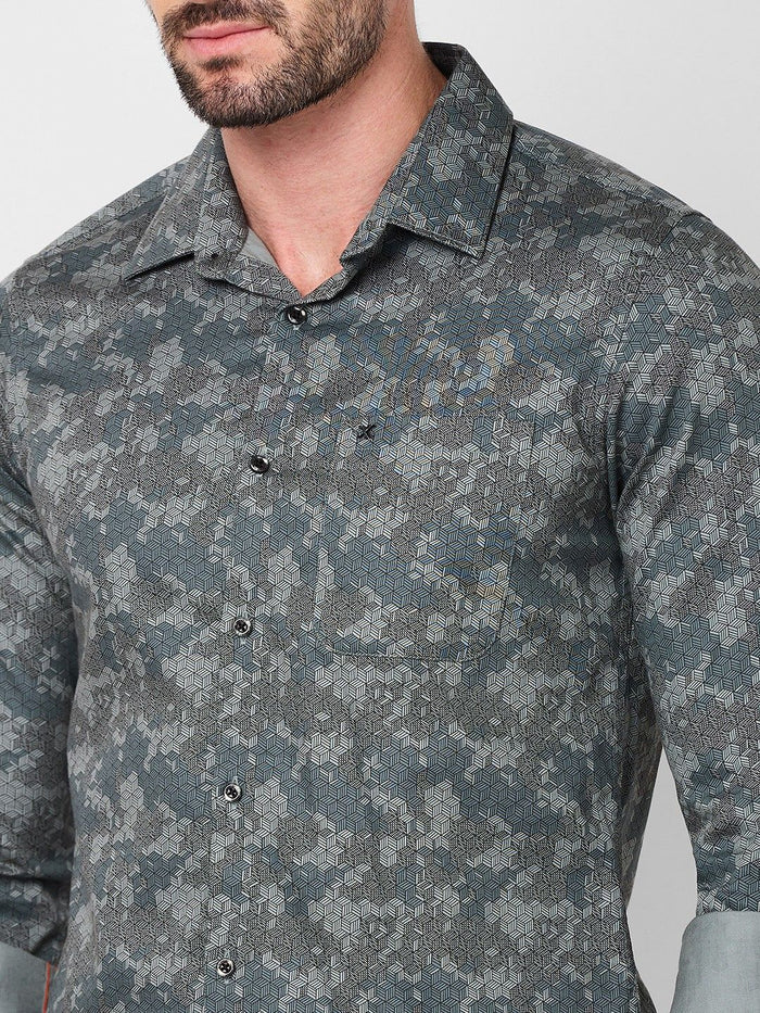 Full sleeves Slim Fit Grey Camau Printed Satin Shirt