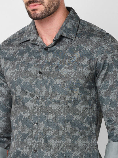 Full sleeves Slim Fit Grey Camau Printed Satin Shirt