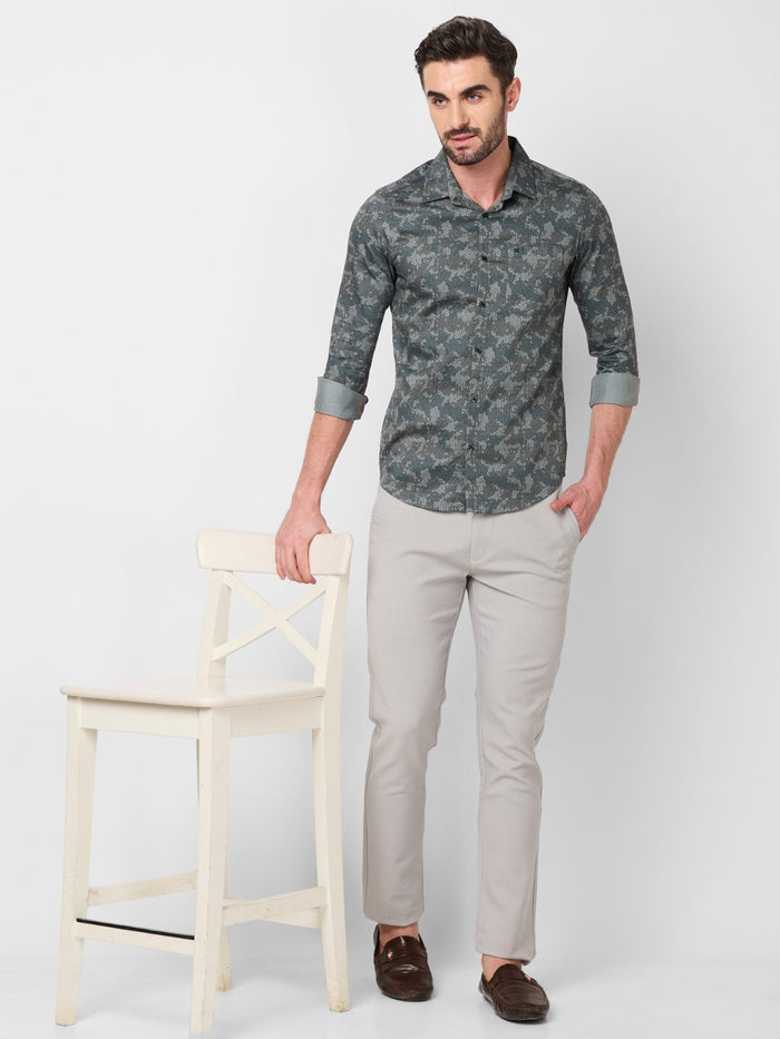 Full sleeves Slim Fit Grey Camau Printed Satin Shirt