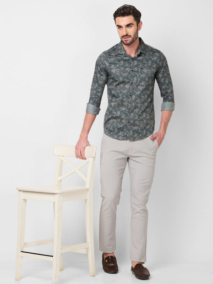 Full sleeves Slim Fit Grey Camau Printed Satin Shirt
