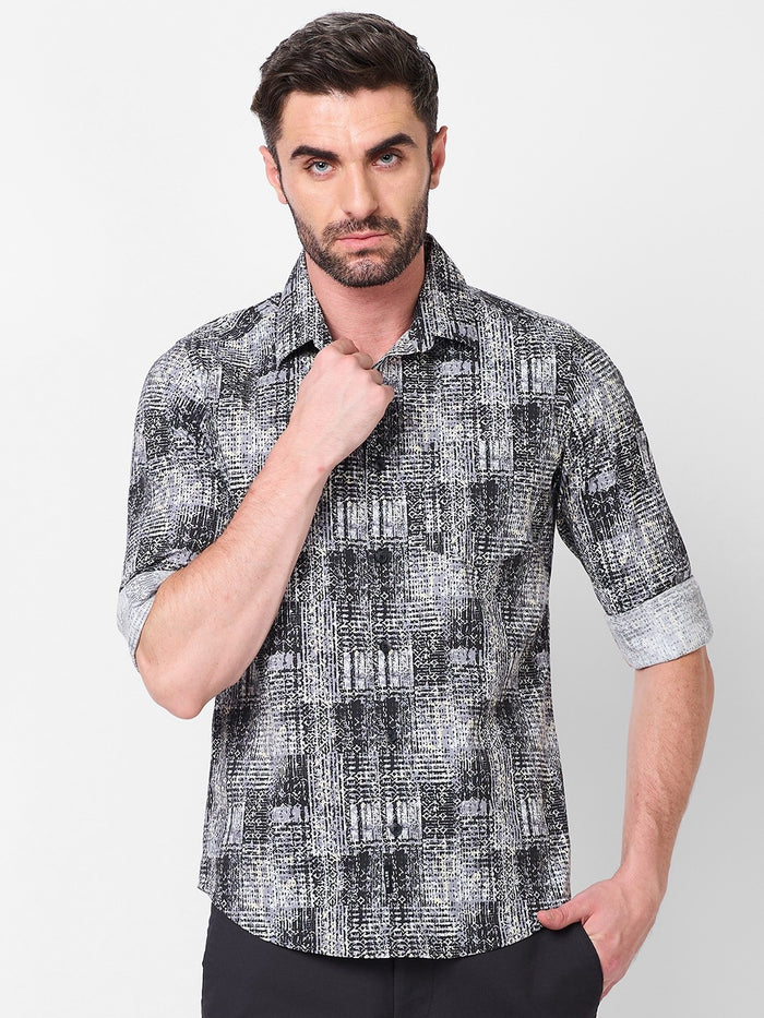 Full Sleeves Slim Fit Grey Grunge Geometric Print Shirt