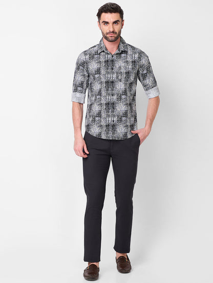 Full Sleeves Slim Fit Grey Grunge Geometric Print Shirt