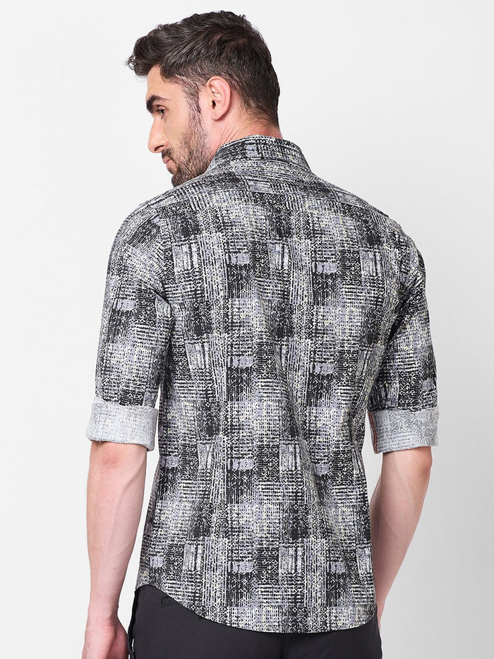 Full Sleeves Slim Fit Grey Grunge Geometric Print Shirt