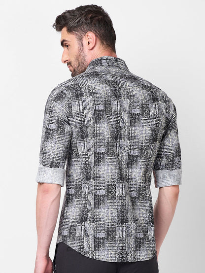 Full Sleeves Slim Fit Grey Grunge Geometric Print Shirt