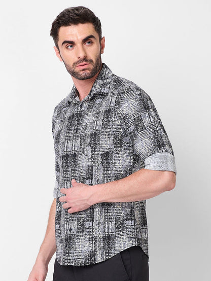 Full Sleeves Slim Fit Grey Grunge Geometric Print Shirt