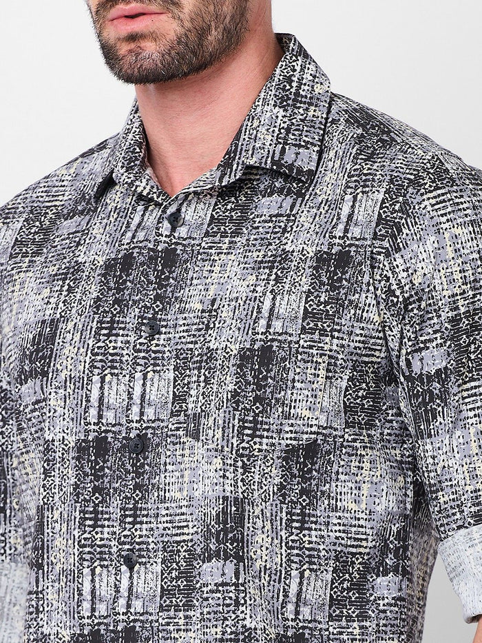 Full Sleeves Slim Fit Grey Grunge Geometric Print Shirt