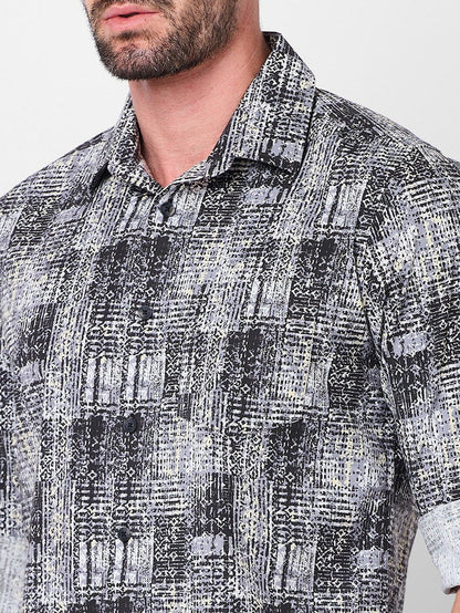 Full Sleeves Slim Fit Grey Grunge Geometric Print Shirt