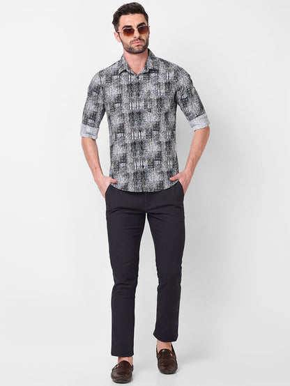 Full Sleeves Slim Fit Grey Grunge Geometric Print Shirt