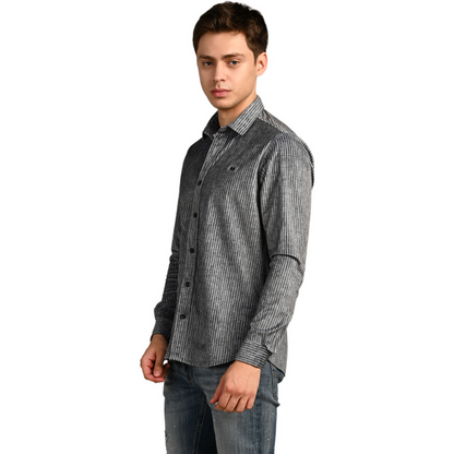 Full Sleeves Slim Fit Grey Grunge Stripe Uncut Corduroy Print Shirt