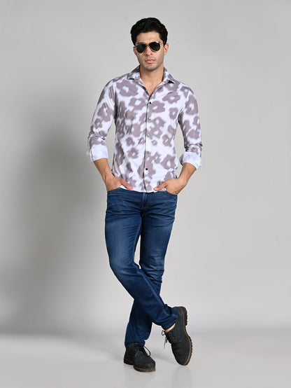 Full Sleeves Slim Fit Light Brown Motion Blur Floral Motif Print Shirt