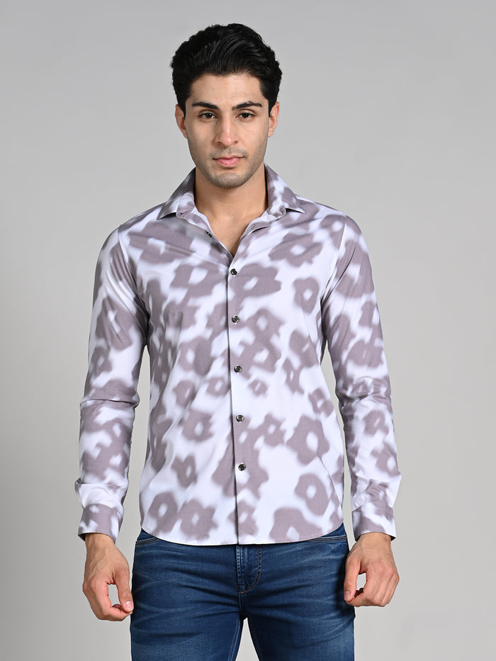 Full Sleeves Slim Fit Light Brown Motion Blur Floral Motif Print Shirt