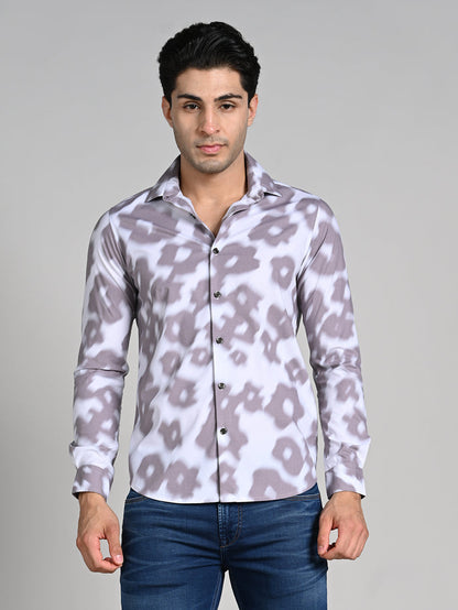 Full Sleeves Slim Fit Light Brown Motion Blur Floral Motif Print Shirt