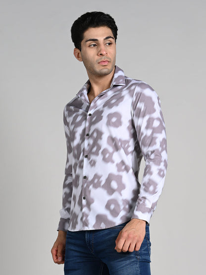 Full Sleeves Slim Fit Light Brown Motion Blur Floral Motif Print Shirt