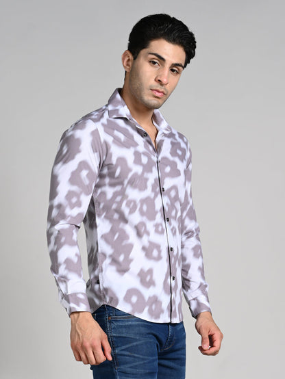 Full Sleeves Slim Fit Light Brown Motion Blur Floral Motif Print Shirt