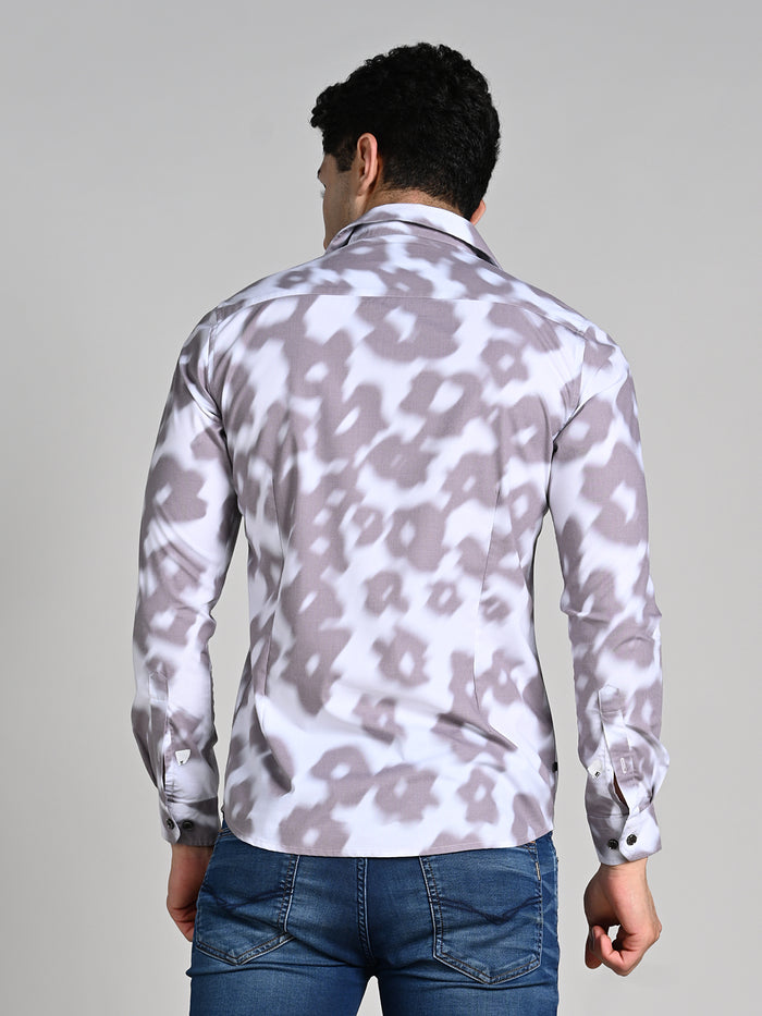 Full Sleeves Slim Fit Light Brown Motion Blur Floral Motif Print Shirt