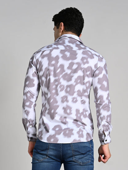 Full Sleeves Slim Fit Light Brown Motion Blur Floral Motif Print Shirt