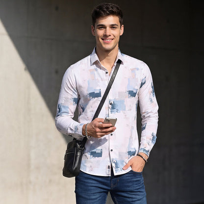 Full Sleeves Slim Fit Light Peach All-Over Grunge Brush Stroke Crushed Print Shirt