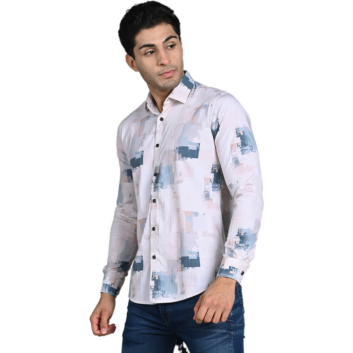 Full Sleeves Slim Fit Light Peach All-Over Grunge Brush Stroke Crushed Print Shirt