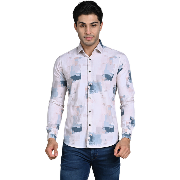 Full Sleeves Slim Fit Light Peach All-Over Grunge Brush Stroke Crushed Print Shirt