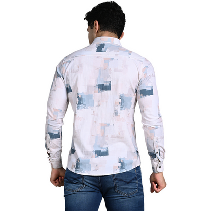 Full Sleeves Slim Fit Light Peach All-Over Grunge Brush Stroke Crushed Print Shirt
