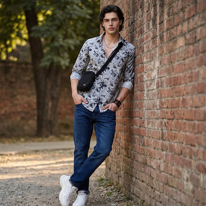 Full Sleeves Slim Fit Light Pista  All-Over Grunge Motif Print Shirt