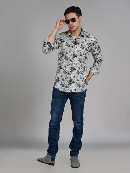 Full Sleeves Slim Fit Light Pista  All-Over Grunge Motif Print Shirt