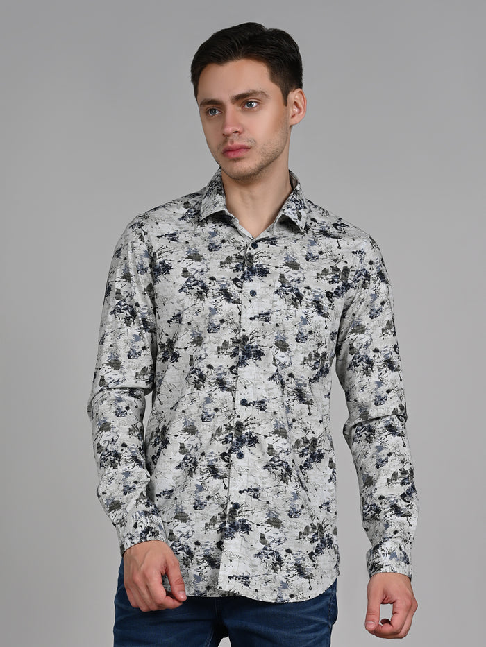 Full Sleeves Slim Fit Light Pista  All-Over Grunge Motif Print Shirt