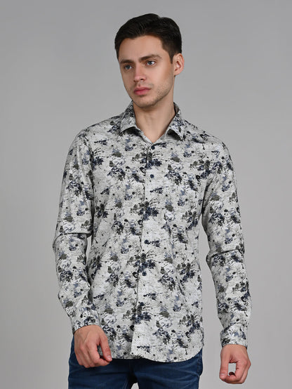 Full Sleeves Slim Fit Light Pista  All-Over Grunge Motif Print Shirt