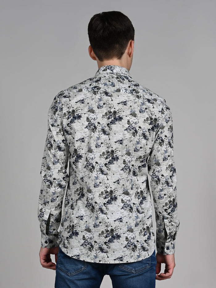 Full Sleeves Slim Fit Light Pista  All-Over Grunge Motif Print Shirt