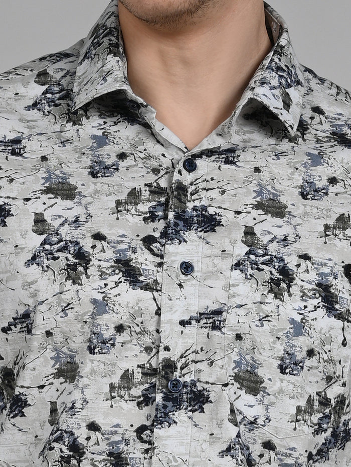 Full Sleeves Slim Fit Light Pista  All-Over Grunge Motif Print Shirt