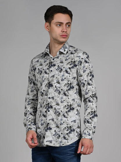Full Sleeves Slim Fit Light Pista  All-Over Grunge Motif Print Shirt