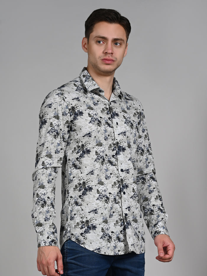 Full Sleeves Slim Fit Light Pista  All-Over Grunge Motif Print Shirt