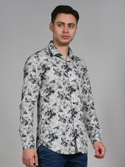 Full Sleeves Slim Fit Light Pista  All-Over Grunge Motif Print Shirt