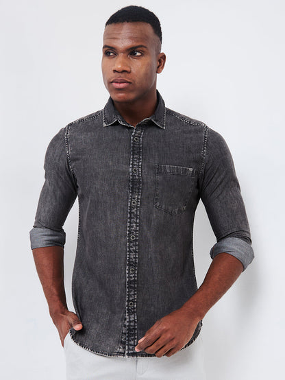 Full sleeves Slim Fit Mid Black Wash Indigo Solid Shirt